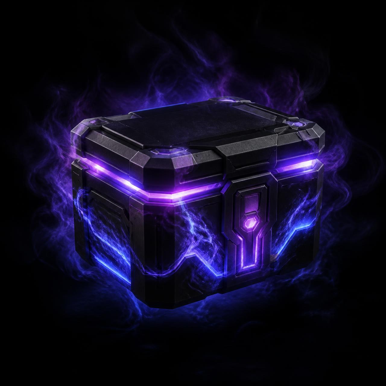 Glowing purple mystery crate wrapped in neon smoke